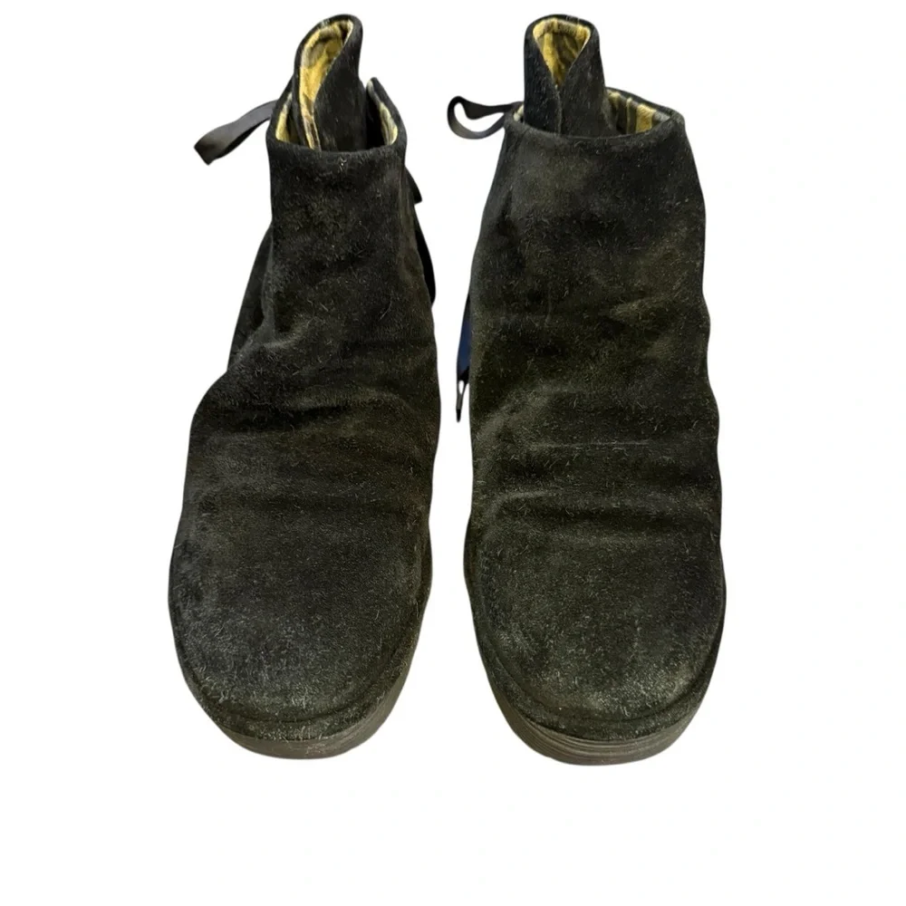 Fly London aye I Black Suede Ruched Ankle Boots with Ankle Tie sz 38/7-7.5 US